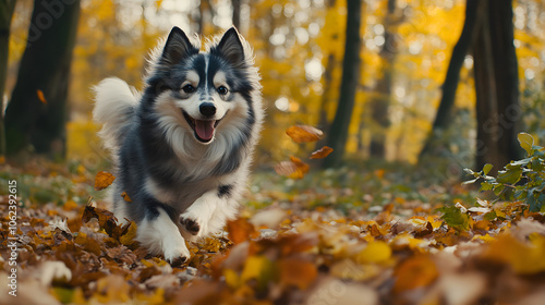 Lively Finnish Lapphund in a Colorful Autumn Forest: A Celebration of Joy and Playfulness in Nature