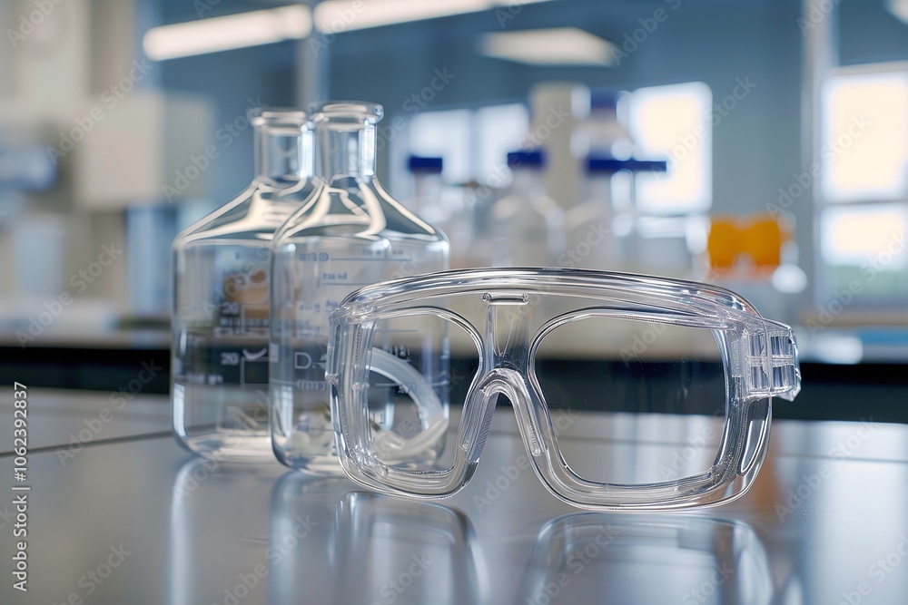 On the lab table next to the glass flask are safety protection goggles, Generative AI. On the lab table next to the glass flask are safety protection goggles, Generative AI.