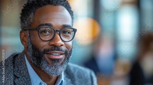 A warm and inviting atmosphere surrounds a man with glasses, as he smiles confidently while enjoying light conversation in a bustling cafe filled with afternoon sunlight