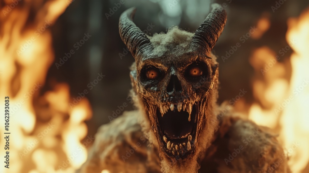A terrifying horned monster with fiery eyes emerges from flames, combining elements of fear, danger, and fantasy in a visually captivating display. A terrifying horned monster with fiery eyes emerges from flames, combining elements of fear, danger, and fantasy in a visually captivating display.