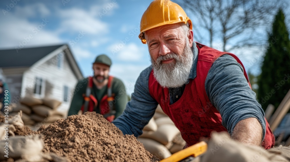 Two construction workers are actively involved in earthmoving tasks, using tools and sandbags under a clear blue sky. The collaborative effort highlights their dedication to the project Two construction workers are actively involved in earthmoving tasks, using tools and sandbags under a clear blue sky. The collaborative effort highlights their dedication to the project