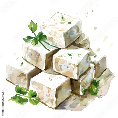 A watercolor vector of Tofu, isolated on a white background.