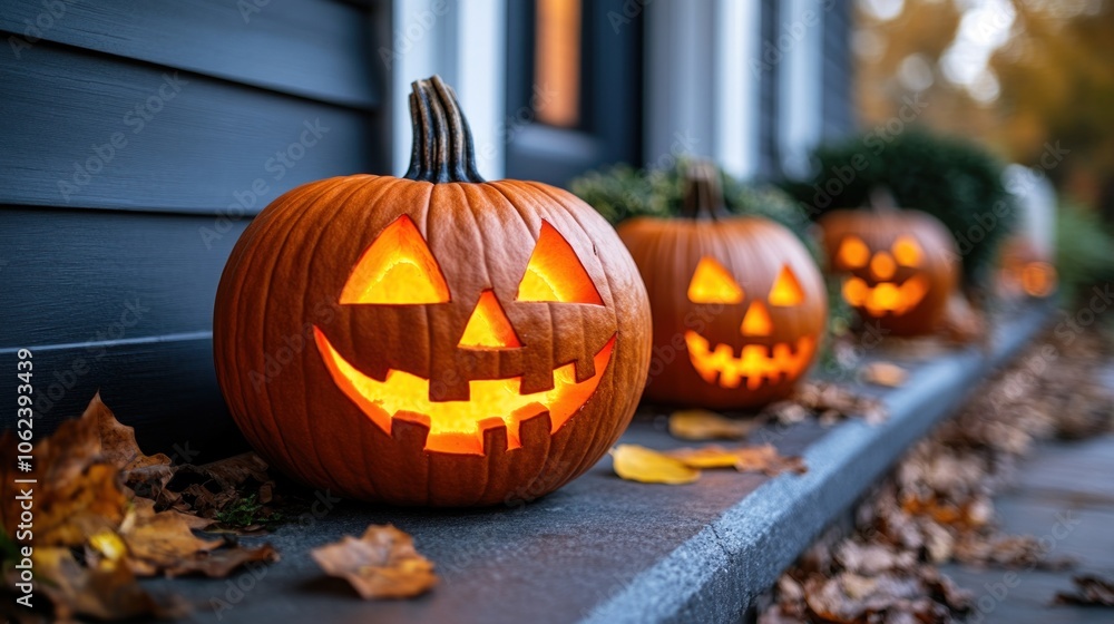 Pumpkins carved into jack-o-lanterns glowing on a porch, symbolizing the spooky and festive atmosphere of Halloween Pumpkins carved into jack-o-lanterns glowing on a porch, symbolizing the spooky and festive atmosphere of Halloween