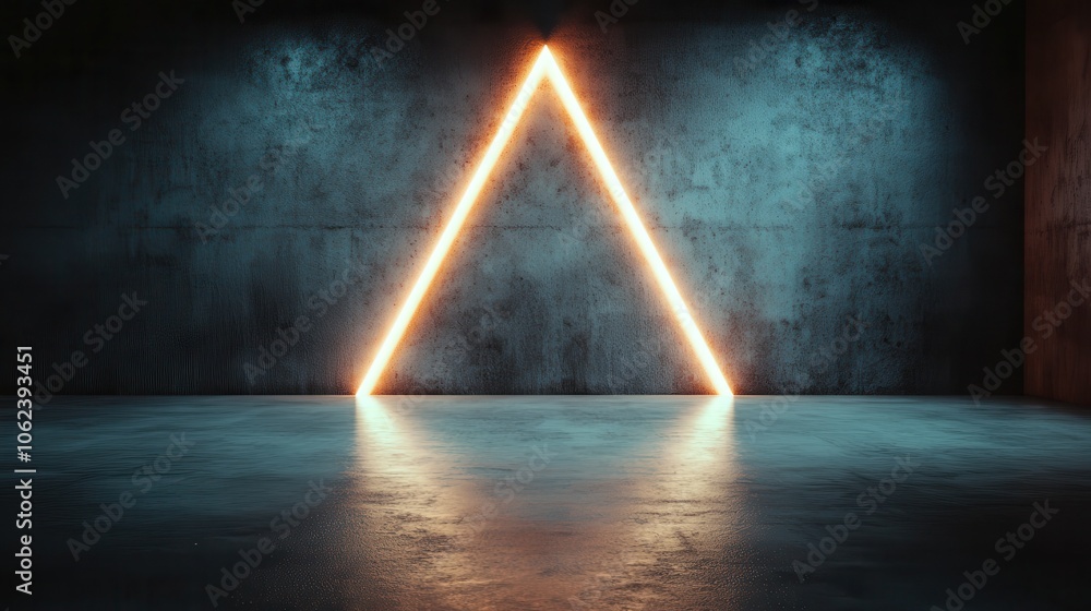 A solitary luminous triangle glows against the dark concrete walls of a room, casting reflections on the floor and evoking a sense of modern mysticism in minimal design. A solitary luminous triangle glows against the dark concrete walls of a room, casting reflections on the floor and evoking a sense of modern mysticism in minimal design.