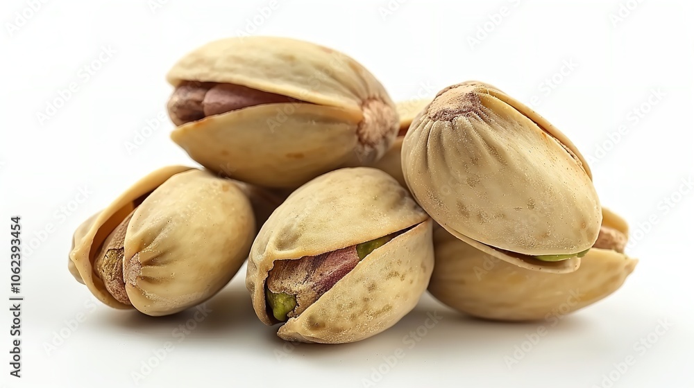 Photographic high-resolution of pistachios isolated on a white background, Generative AI. Photographic high-resolution of pistachios isolated on a white background, Generative AI.