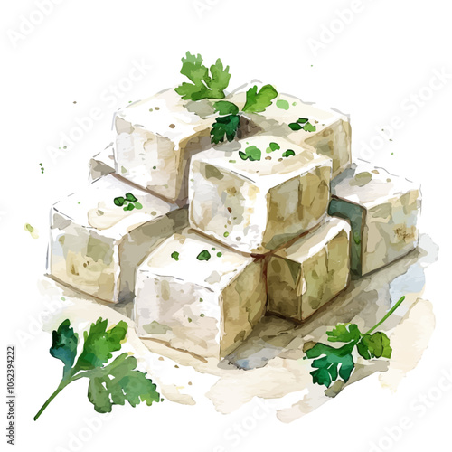 A watercolor vector of Tofu, isolated on a white background.