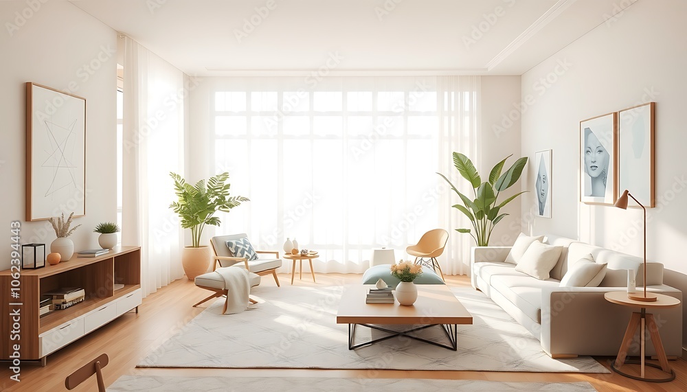 Fototapeta premium A serene retreat in soothing pastels, minimalist chic meets subtle geometric charm, pale blues and creamy whites dance in intricate patterns.