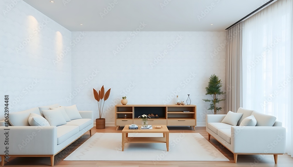 Fototapeta premium A serene retreat in soothing pastels, minimalist chic meets subtle geometric charm, pale blues and creamy whites dance in intricate patterns.