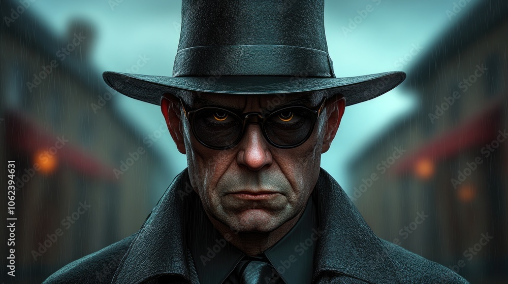 Mysterious figure in dark coat and hat with intense stare on rainy urban street Mysterious figure in dark coat and hat with intense stare on rainy urban street