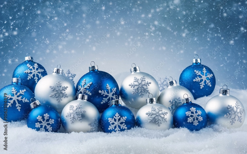 Blue and silver Christmas ornaments with snowflakes on snowy background. Blue and silver Christmas ornaments with snowflakes on snowy background.
