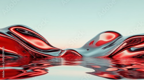 This abstract artwork features flowing red and silver shapes seemingly floating and merging in water, creating a visually captivating and dynamic landscape. photo