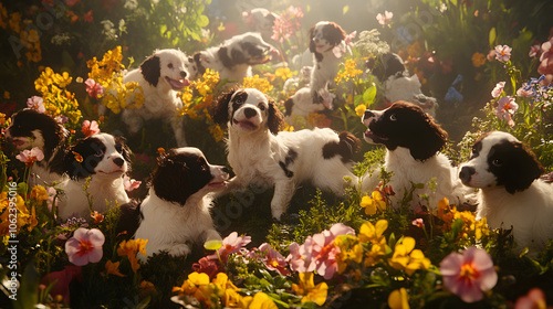 A Charming Scene of English Springer Spaniels Frolicking Playfully in a Nature-Filled Garden