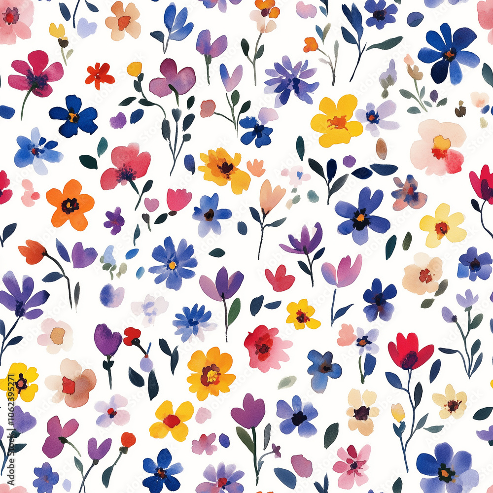 Fototapeta premium Watercolor floral seamless pattern print hand painting with abstract flowers and plants, design texture. Tileable Seamless pattern watercolor floral pattern for textile, stationery, wedding deisgn