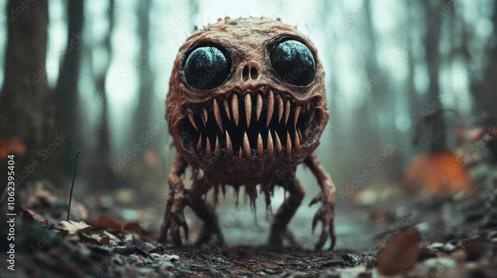 A detailed representation of a fantasy creature with large, reflecting eyes and needle-sharp teeth set in an autumn forest, evoking suspense and imagination. A detailed representation of a fantasy creature with large, reflecting eyes and needle-sharp teeth set in an autumn forest, evoking suspense and imagination.