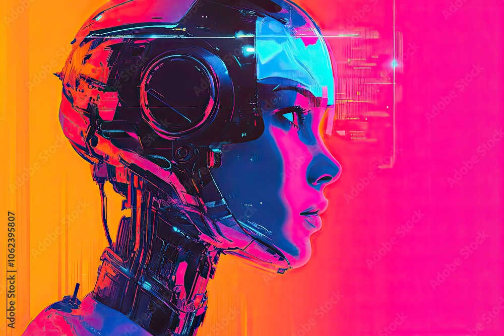 A close-up of a robot head against a vibrant neon background, representing advanced AI technology and its role in future societies.. A close-up of a robot head against a vibrant neon background, representing advanced AI technology and its role in future societies..