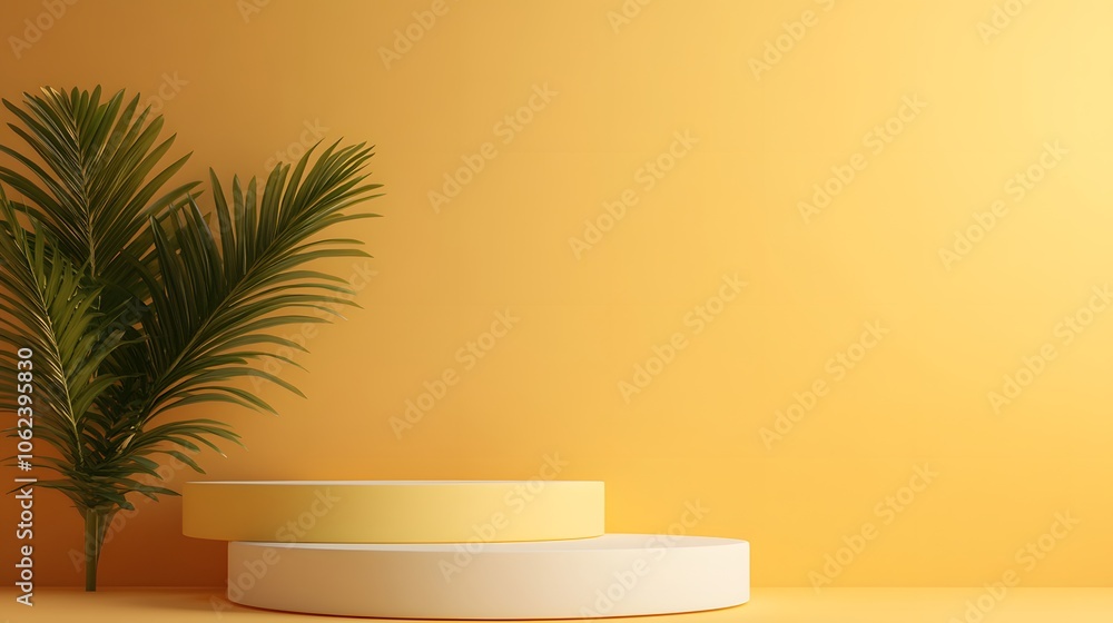 Minimalist abstract background for product presentation, a round podium with a palm plant on a yellow background Minimalist abstract background for product presentation, a round podium with a palm plant on a yellow background