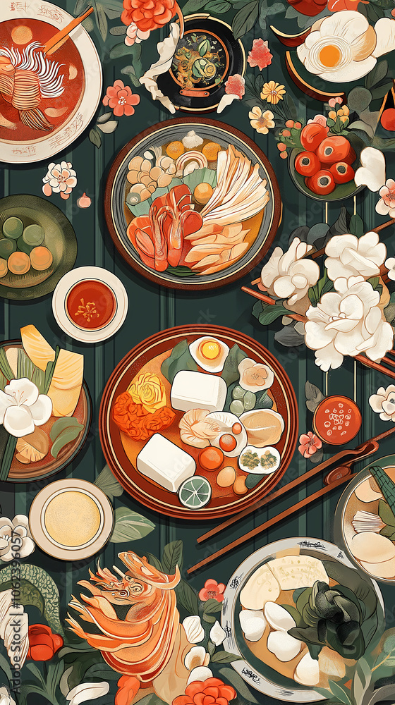 custom made wallpaper toronto digitalThis artwork showcases an array of colorful dishes typical of Chung and Thit Kho Tau, highlighting various ingredients and intricate floral details in an inviting composition