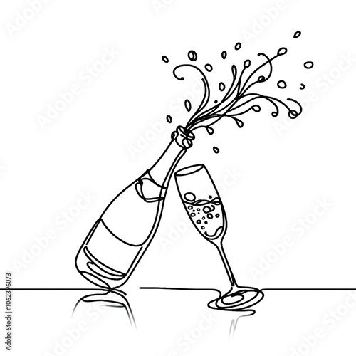 Continuous line drawing of champagne bottle popping with bubbles