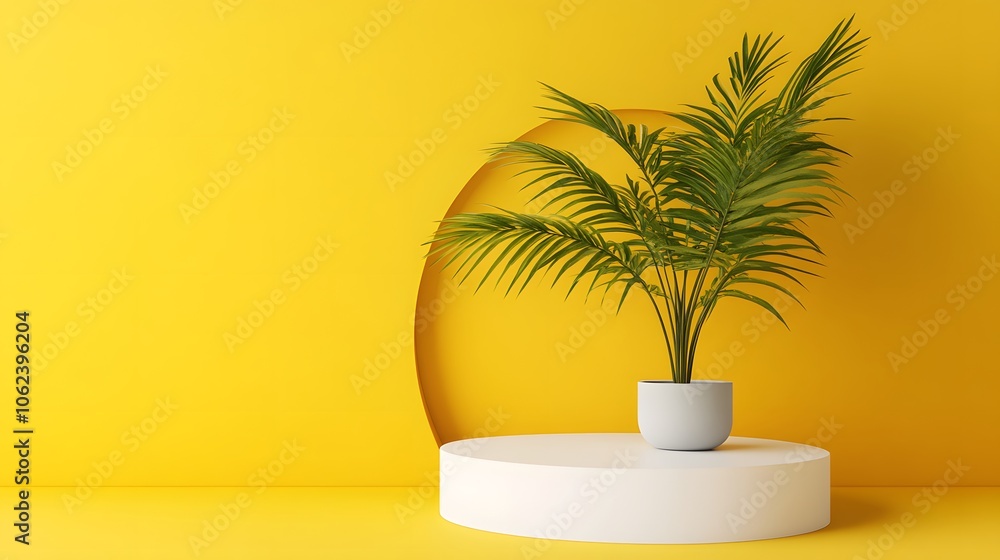 Minimalist abstract background for product presentation, a round podium with a palm plant on a yellow background Minimalist abstract background for product presentation, a round podium with a palm plant on a yellow background