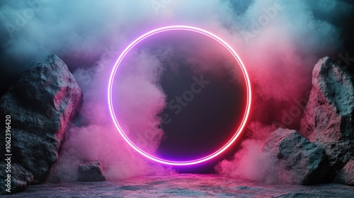 A futuristic neon circle penetrates colorful mist among boulders, merging technology and nature, creating a visually stimulating and thought-provoking scene. photo