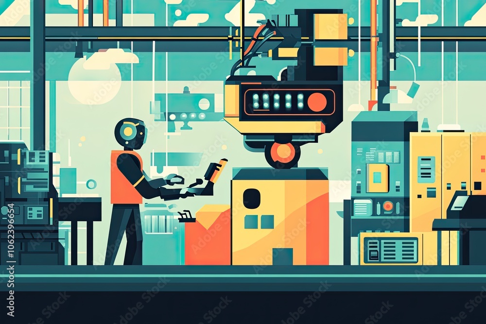A robotic worker operates machinery in an automated industrial environment, showcasing the role of robotics in manufacturing and production in the future... A robotic worker operates machinery in an automated industrial environment, showcasing the role of robotics in manufacturing and production in the future...