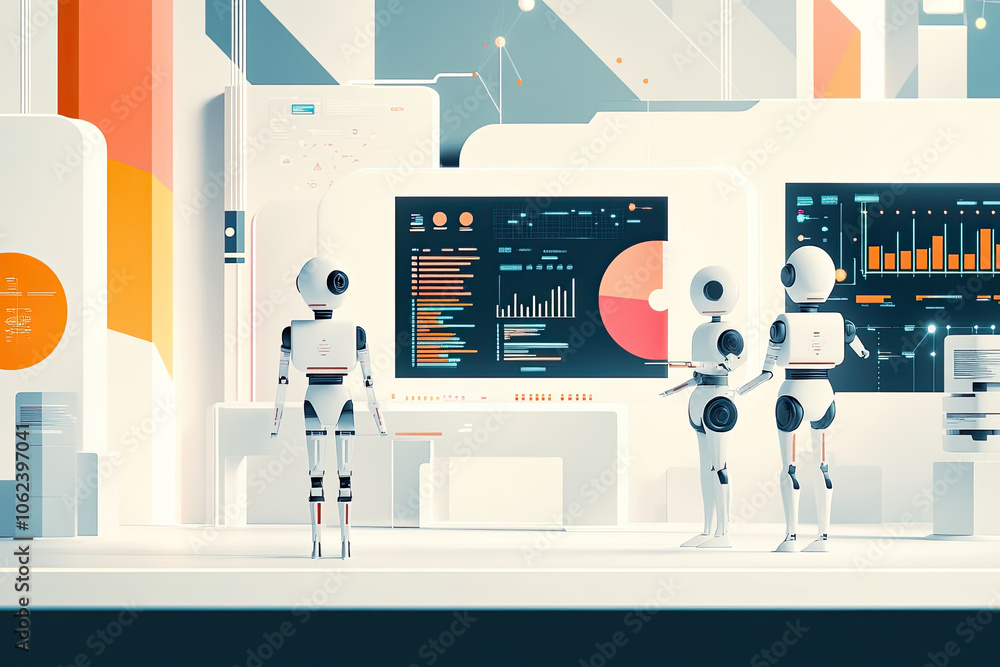 Robots in a futuristic control room with data screens, illustrating the role of AI in monitoring and analyzing information in advanced technological environments.. Robots in a futuristic control room with data screens, illustrating the role of AI in monitoring and analyzing information in advanced technological environments..