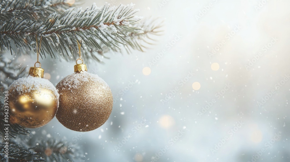 Beautiful New Year's Eve background with Christmas tree branches and golden Christmas tree toys light background snow cones Beautiful New Year's Eve background with Christmas tree branches and golden Christmas tree toys light background snow cones