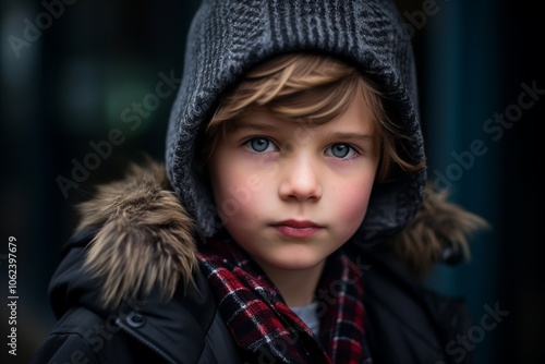 Portrait of a cute little boy in winter clothes. Close up.