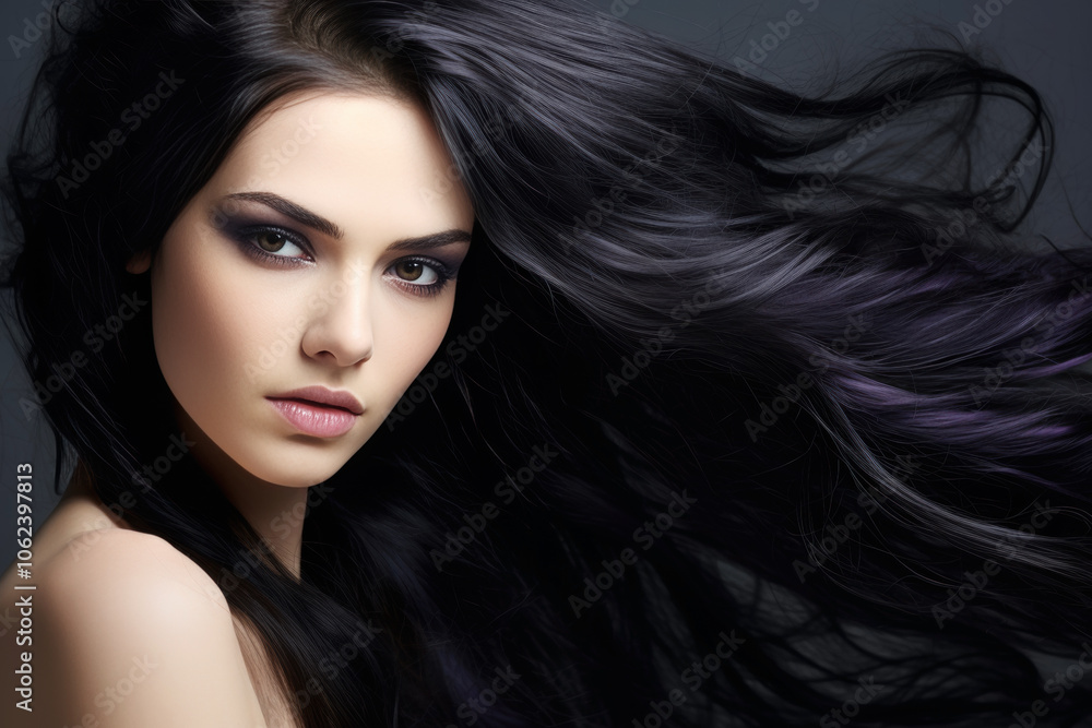 Stylish coiffure, brunette woman with long curly hair on gray background, beauty and hair care concept Stylish coiffure, brunette woman with long curly hair on gray background, beauty and hair care concept