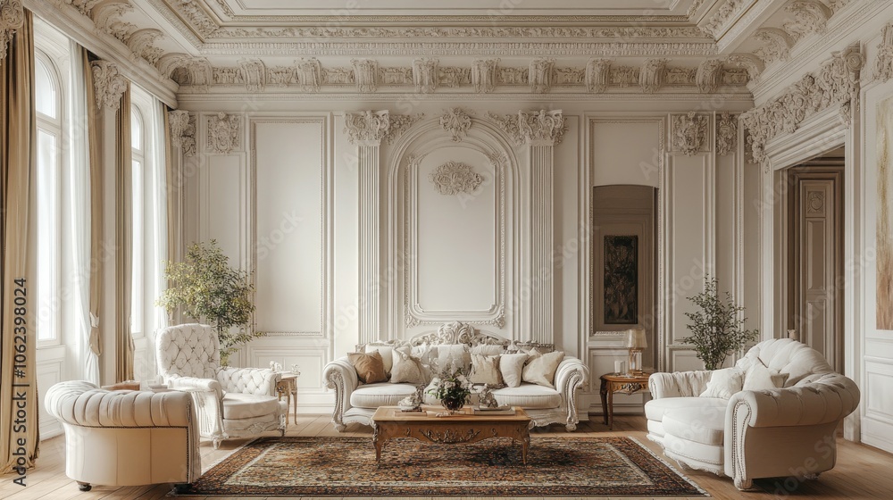 Luxurious living room with white walls, ornate moldings, and a patterned rug. Luxurious living room with white walls, ornate moldings, and a patterned rug.