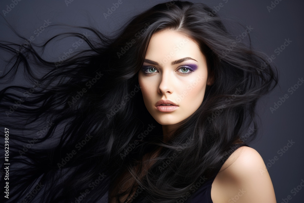 Stylish coiffure, brunette woman with long curly hair on gray background, beauty and hair care concept Stylish coiffure, brunette woman with long curly hair on gray background, beauty and hair care concept