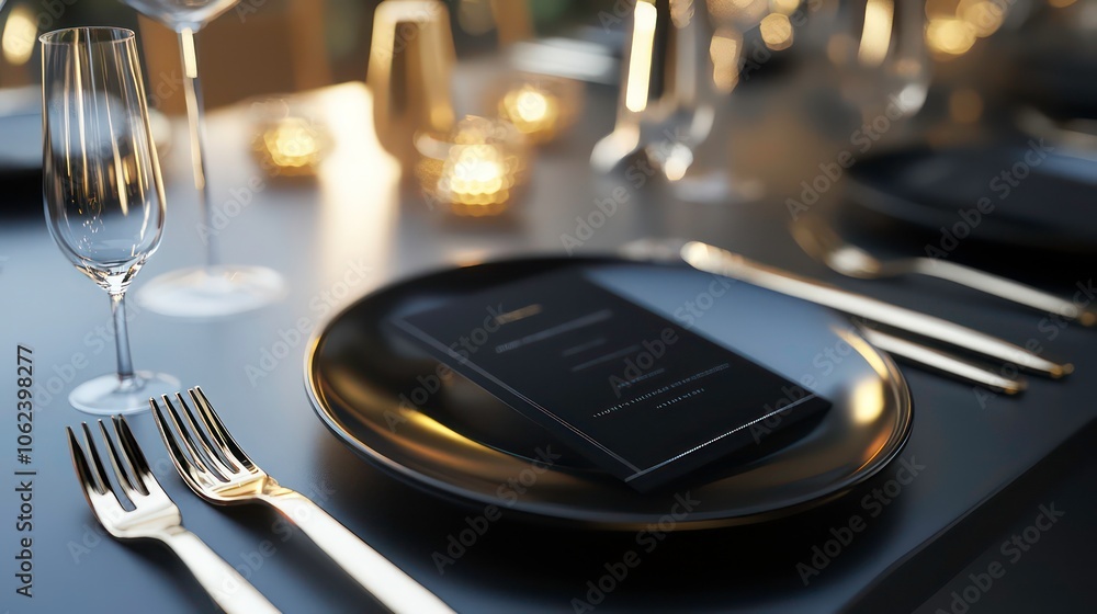 Elegant dining table set with a menu, glassware, and candlelight for a refined meal. Elegant dining table set with a menu, glassware, and candlelight for a refined meal.