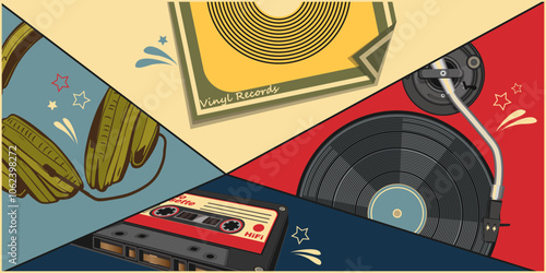 Collage with various randomly placed objects - vinyl record, audio cassette, headphones and others. Fantasy on the theme of the 80s. Vector illustration