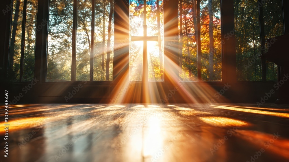 Sunlight streams through a patterned stained glass window, casting intricate, colorful reflections on the floor of a quiet room, creating a serene ambiance. Sunlight streams through a patterned stained glass window, casting intricate, colorful reflections on the floor of a quiet room, creating a serene ambiance.