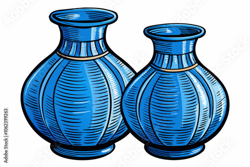 two blue vase vector on isolated background, hand drawn sketch