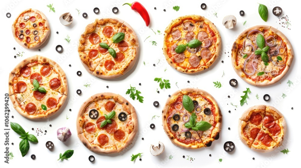 Freshly baked pizzas with airborne ingredients on white background Freshly baked pizzas with airborne ingredients on white background