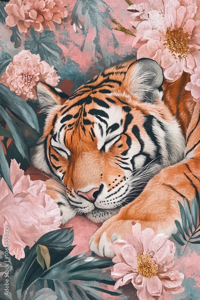 Tiger with pink flowers Tiger with pink flowers