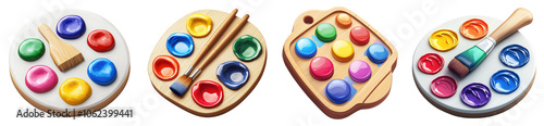 A 3D paint palette icon on a transparent background, representing the artistic process and color mixing.