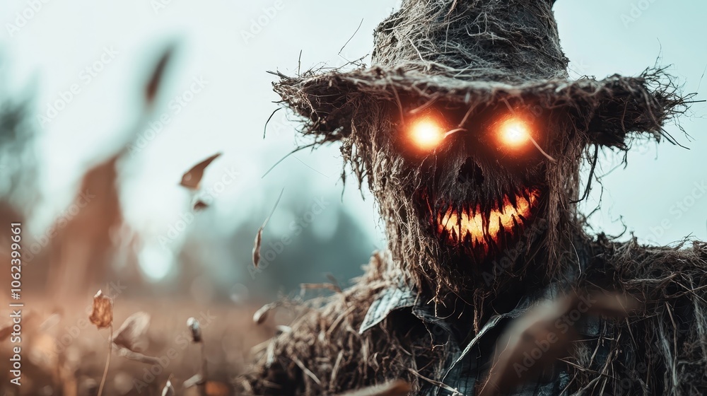 An eerie scarecrow with luminous eyes stands in a cornfield, creating a haunting atmosphere under a dim sky, evoking feelings of fear and suspense in viewers. An eerie scarecrow with luminous eyes stands in a cornfield, creating a haunting atmosphere under a dim sky, evoking feelings of fear and suspense in viewers.