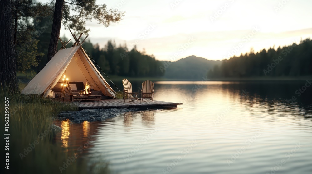 An elegant tent equipped with Adirondack chairs by a tranquil lake at sunset, enveloped by forest, radiating a tranquil, relaxing ambiance for an idyllic retreat. An elegant tent equipped with Adirondack chairs by a tranquil lake at sunset, enveloped by forest, radiating a tranquil, relaxing ambiance for an idyllic retreat.
