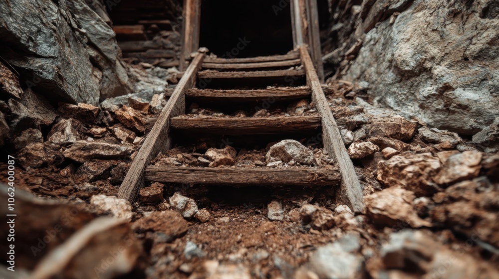 This image depicts gradually decaying wooden steps leading into an ominous and dark mine entrance, evoking a sense of danger and historical intrigue among scattered rocks. This image depicts gradually decaying wooden steps leading into an ominous and dark mine entrance, evoking a sense of danger and historical intrigue among scattered rocks.
