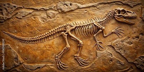 Dinosaur fossil skeleton with intricate bone details against a textured stone background showcasing the rugged beauty and ancient history of geological formations
