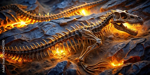 Realistic dinosaur fossil texture embedded in a rocky wall with an illuminated skeletal structure, highlighting ancient details and rugged surface, ideal for themes of paleontology, history photo