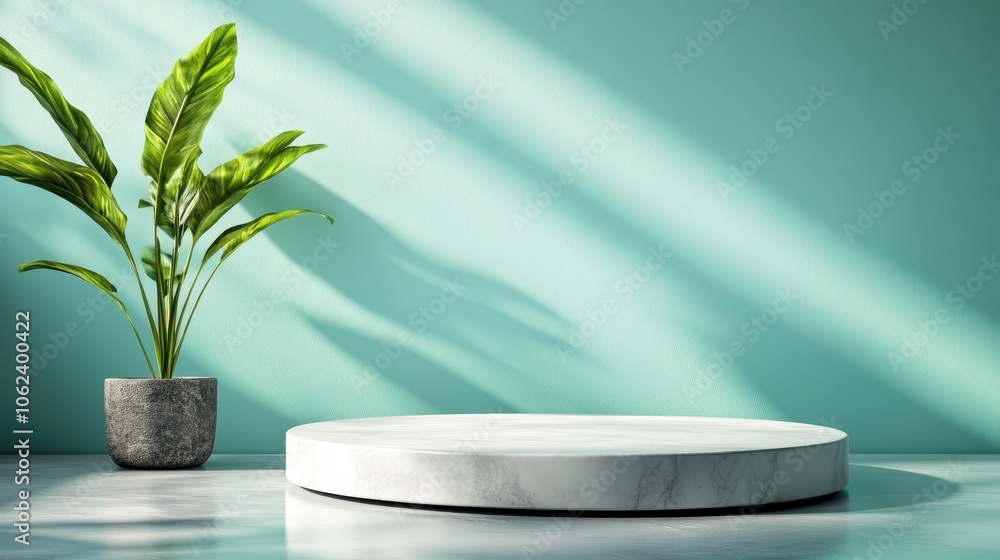 A serene and minimalist space featuring a round marble platform and a potted green plant against a mint green wall, exemplifying peaceful design harmony. A serene and minimalist space featuring a round marble platform and a potted green plant against a mint green wall, exemplifying peaceful design harmony.