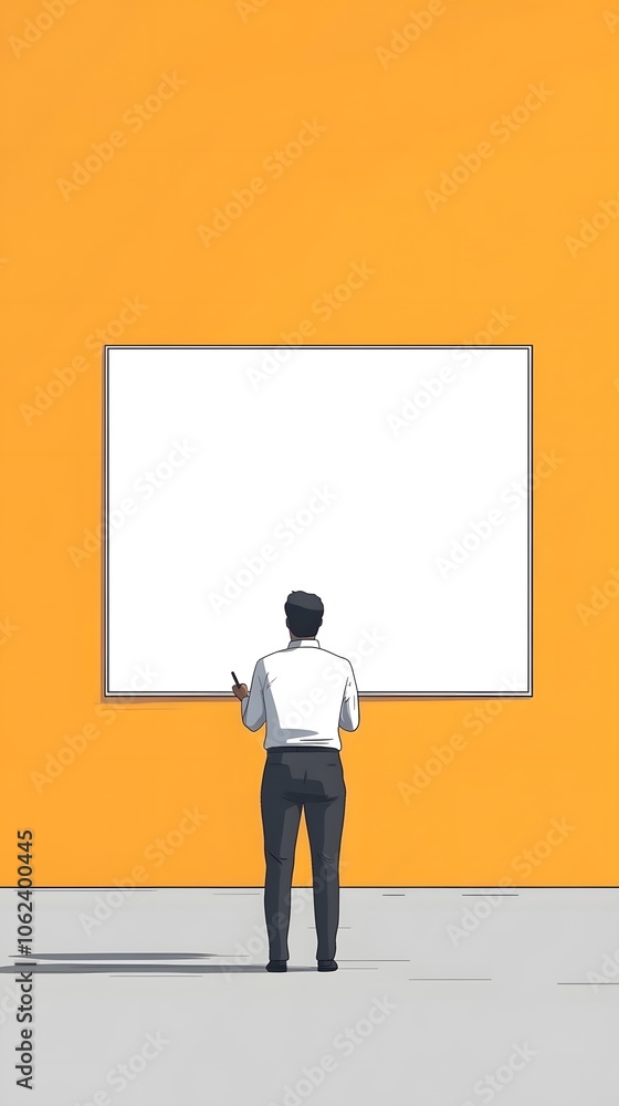 Flat illustration of an businessman presenting in front, big white screen on the wall, simple graphic design with black outline Flat illustration of an businessman presenting in front, big white screen on the wall, simple graphic design with black outline
