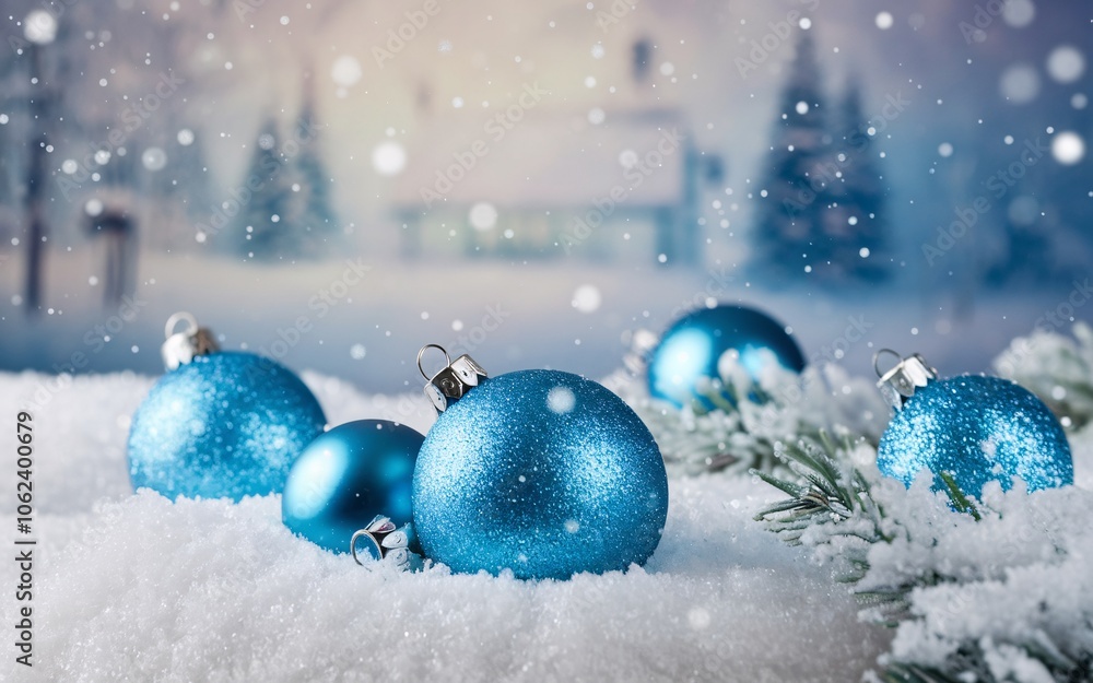 Blue Christmas ornaments in snow with fir branch and a winter background. Blue Christmas ornaments in snow with fir branch and a winter background.