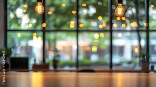 Blurred background showcasing a contemporary office with expansive windows and soft lighting.