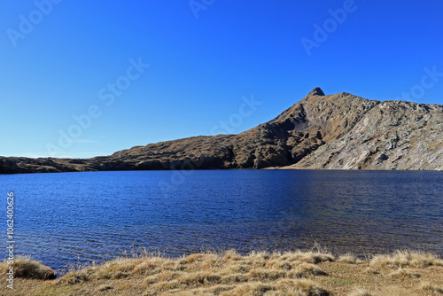 Alpine lake on a beautiful day with a clear blue sky