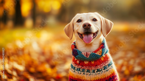 Cute dog in a colorful sweater, standing outside in an autumn park with fallen leaves, Warm clothes for animals