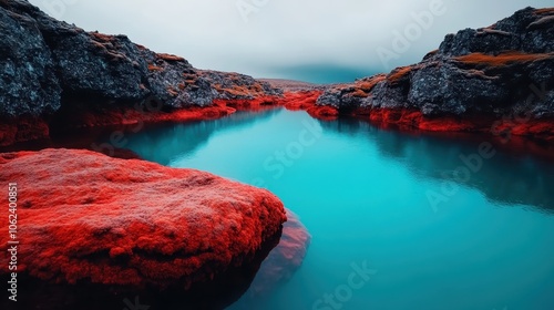 Stunning landscape of vivid red rocks contrasted with serene turquoise waters, creating a surreal and dreamlike setting that evokes wonder and peaceful contemplation. photo